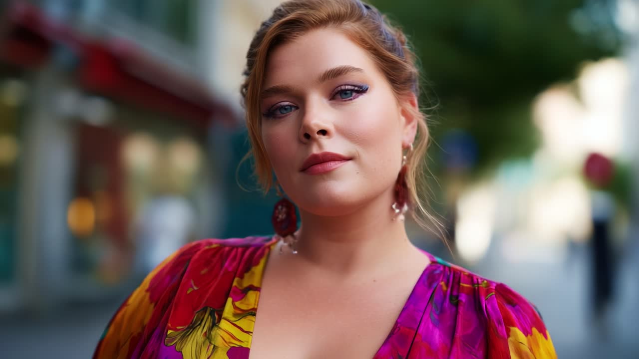 Ritratto affascinante di una donna in un vivace abito floreale con un trucco straordinario, che posa con sicurezza all'aperto, mettendo in mostra stile ed eleganza in un ambiente urbano