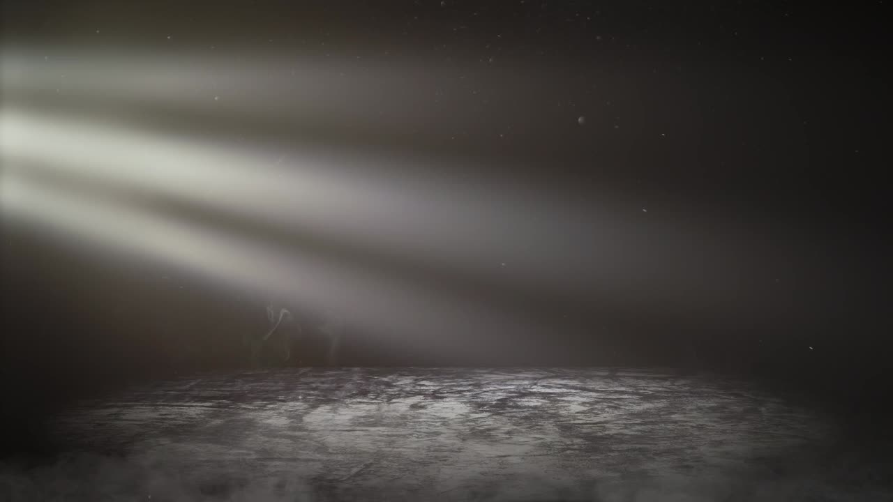 Light beam at the empty stage with concert spot lighting over dark background and dark concrete floor with mist or fog