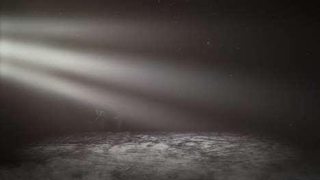 light beam at the empty stage with concert spot lighting over dark background and dark concrete floor with mist or fog