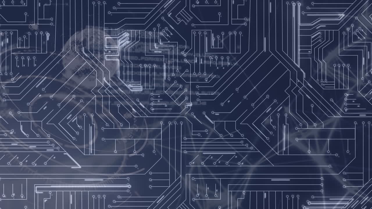 원형 스캐너를 통해 마이크로프로세서 연결의 애니메이션과 파란색 배경의 데이터 처리.