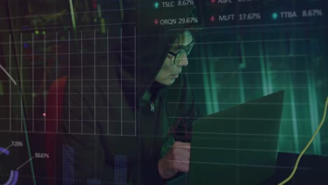 animation of data over asian male hacker in hoodie using laptop by computer server