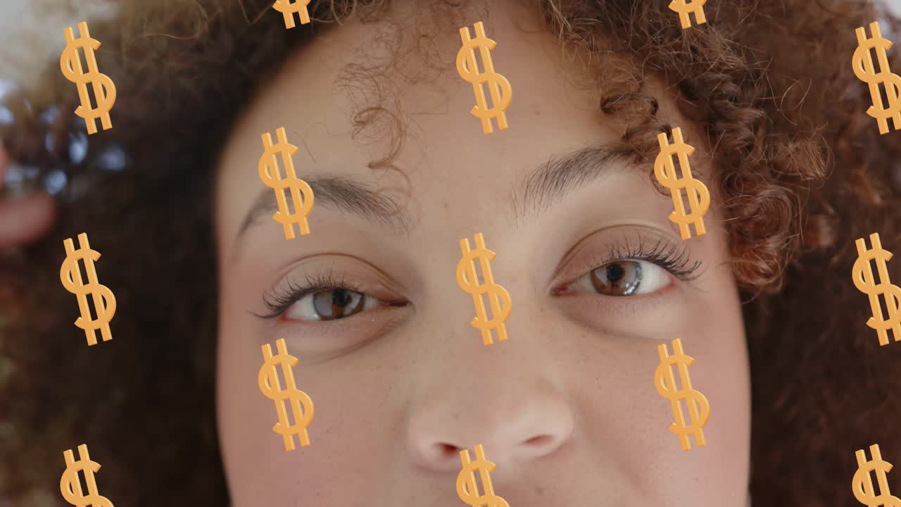 Woman holding gaze while thin gold streaks shifting into floating $ icons on face for finance