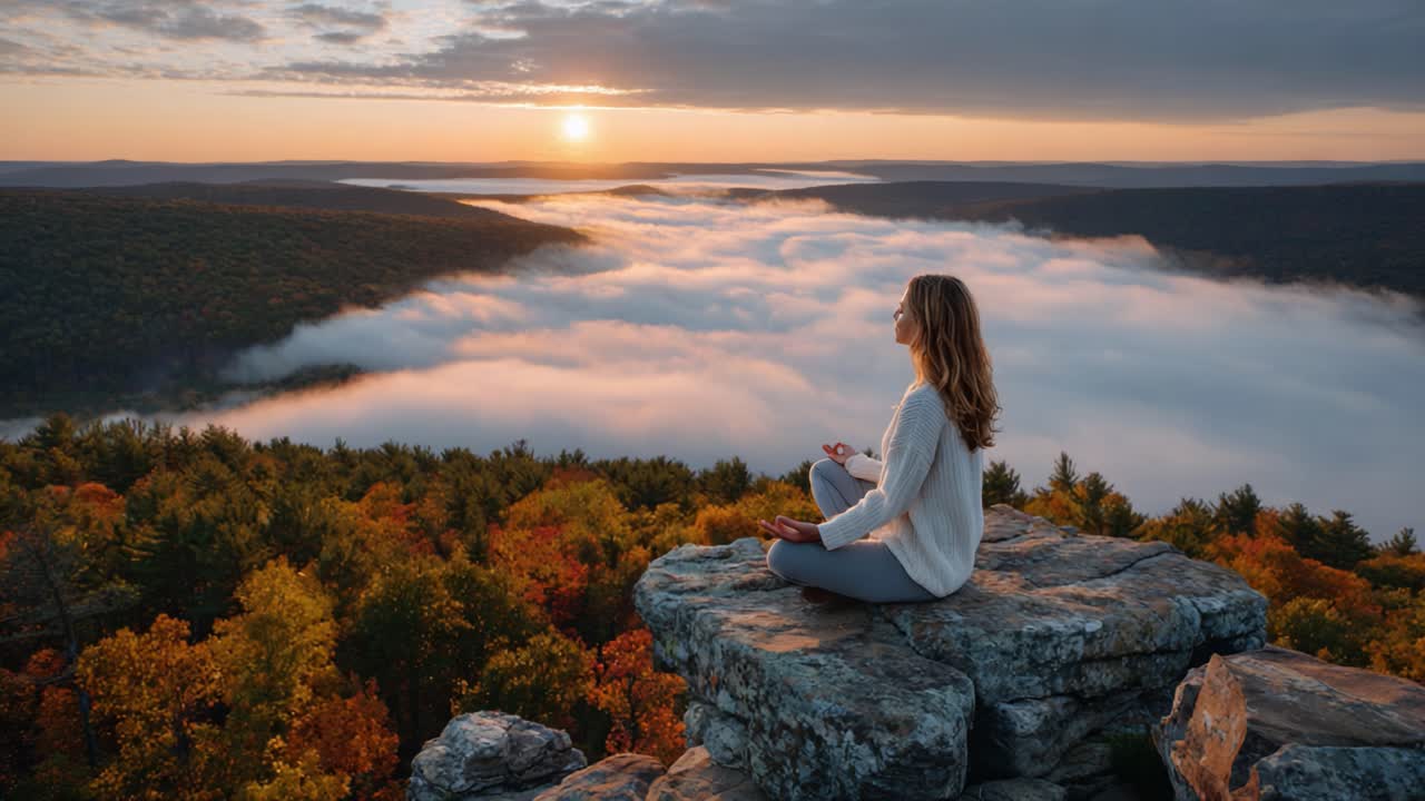 Tranquil Meditation at Dawn: A Serene Moment of Reflection Amidst Majestic Fall Foliage and Misty Valley Views