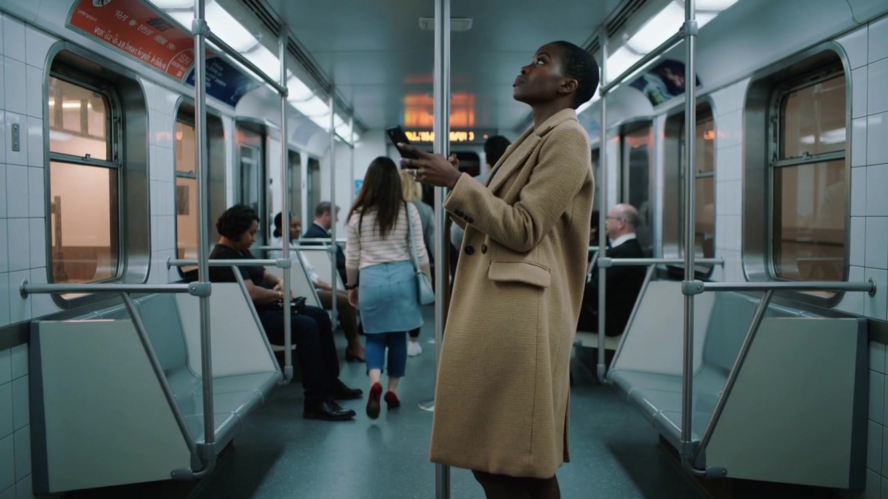 Checking subway sign, woman in tan coat holding pole and tapping phone, striped woman walking past