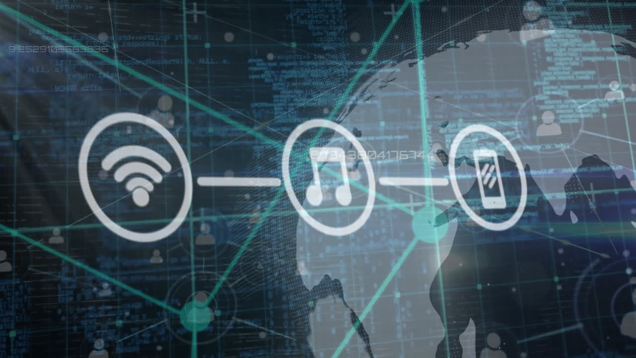 Animation of connected icons with rotating globe against abstract background