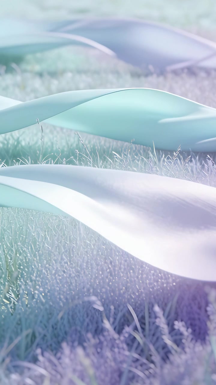 Vertical video: Light breeze lifting translucent ribbons flowing over grass, revealing dewdrops