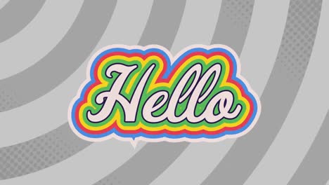 animation of hello text banner against radial rays in seamless pattern on grey background