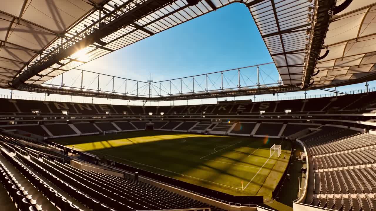 Telecamera che si allontana rivelando l'anfiteatro dello stadio su un campo vuoto, mostrando un filo d'erba che si allontana.