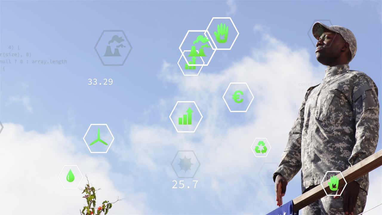 Camouflaged man shading eyes, scanning sky on rail, extending arm, monitoring AR icons for eco data