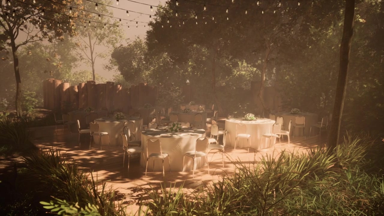 Espace repas extérieur avec des tables élégantes dans un cadre de jardin paisible.