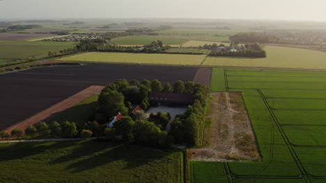 Malerischer-Blick-Auf-Ein-Bauernhaus-Im-Grünen-Polder-Bei-Sonnenaufgang-In-Den-Niederlanden