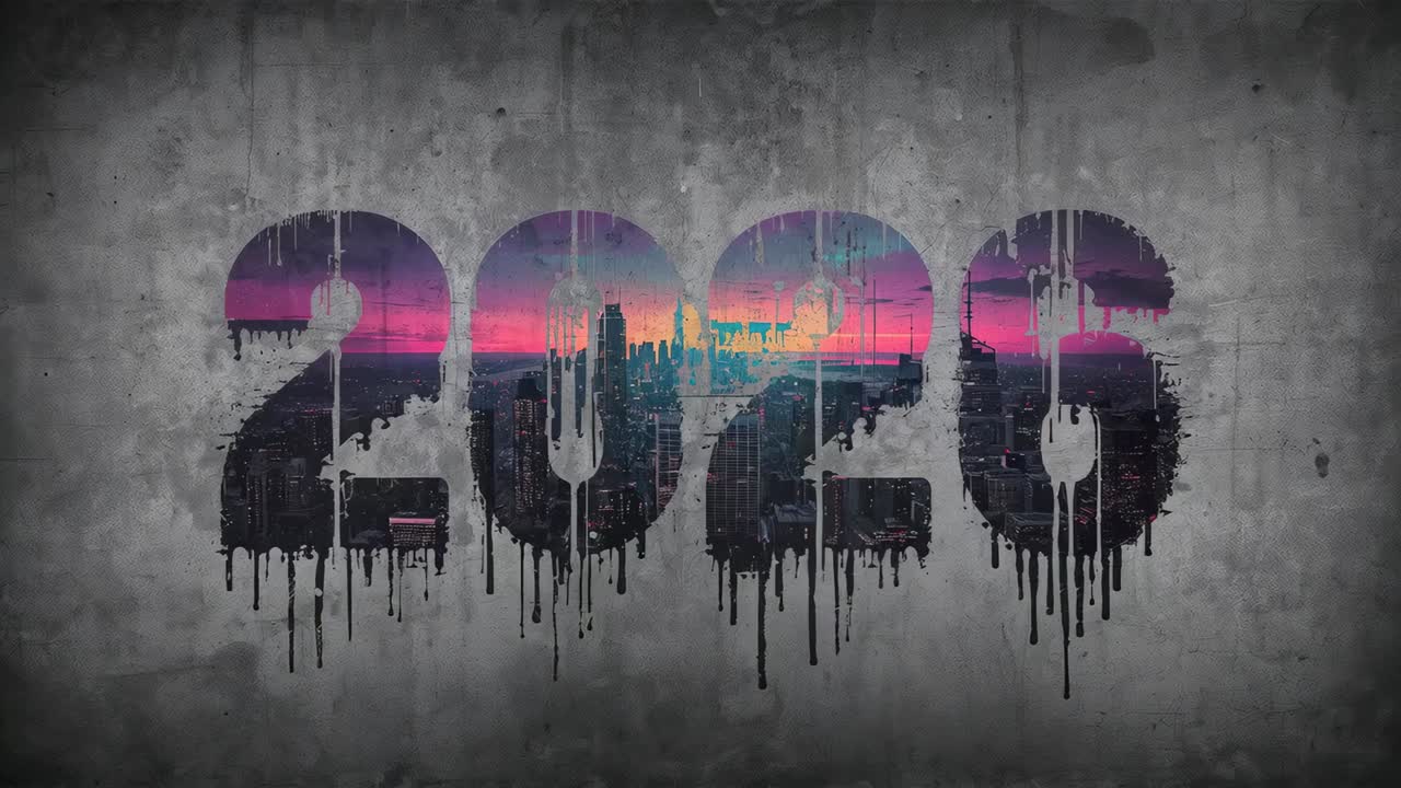 Glowing 2026 stencil gaining color sharpening skyline after contrast boost with drips on urban wall