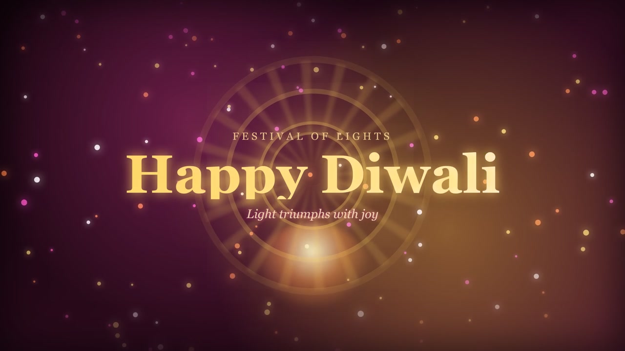 Elegant animated greeting card for Diwali featuring glowing golden text and sparkling colorful particles on a warm purple and gold gradient background