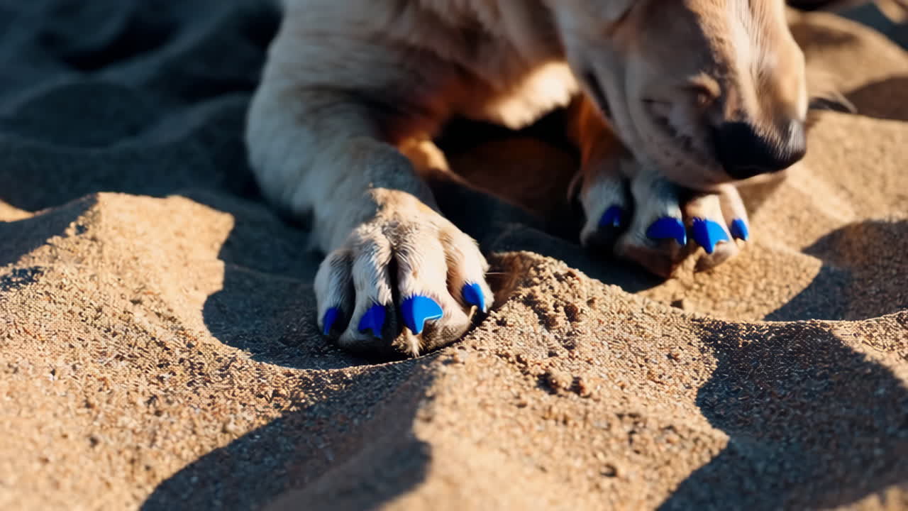 Puppy paws with blue nail caps on the beach