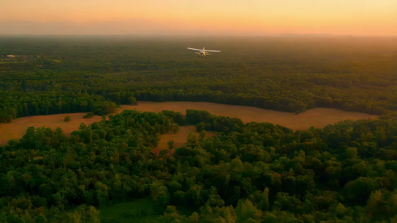 pequeño avión volando sobre el bosque al amanecer o al atardecer
