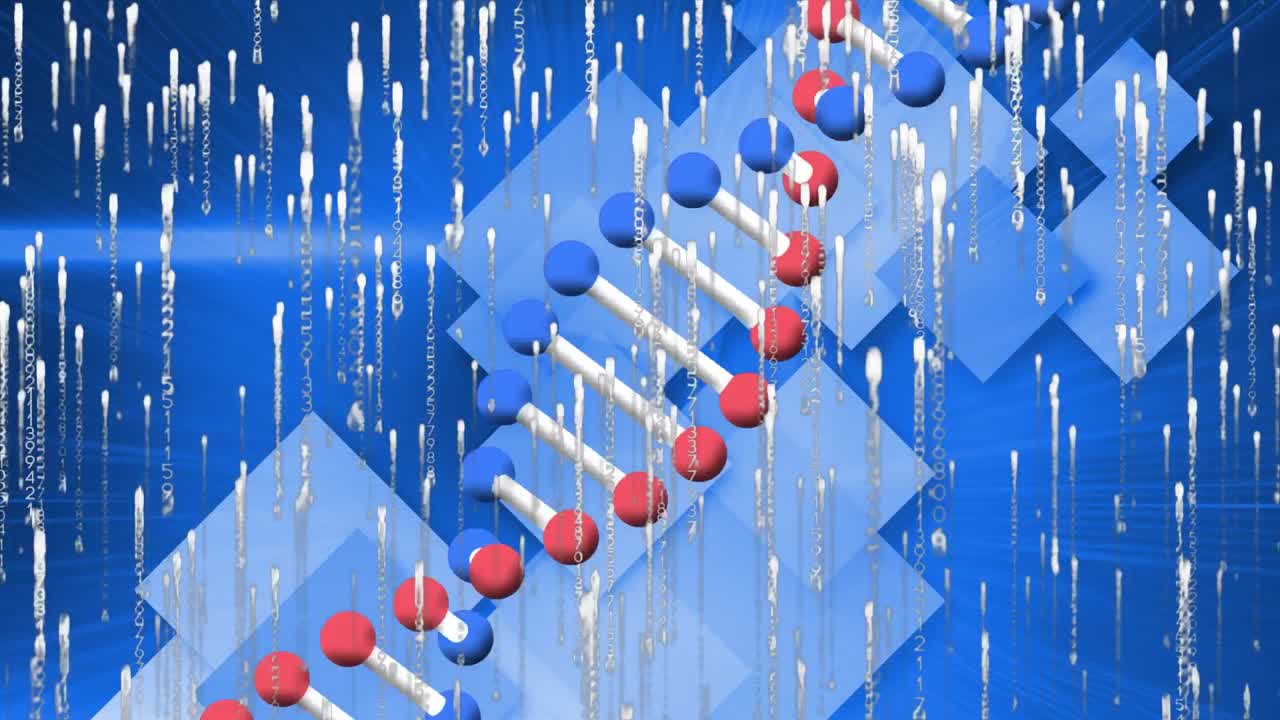파란색으로 회전하는 3d dna와 함께 떨어지는 빛의 흔적의 애니메이션