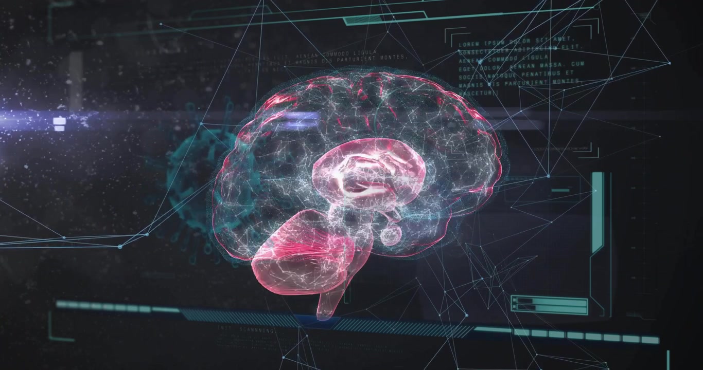 Pink holographic brain model appearing and rotating on dark HUD panel demonstrating neural pathways
