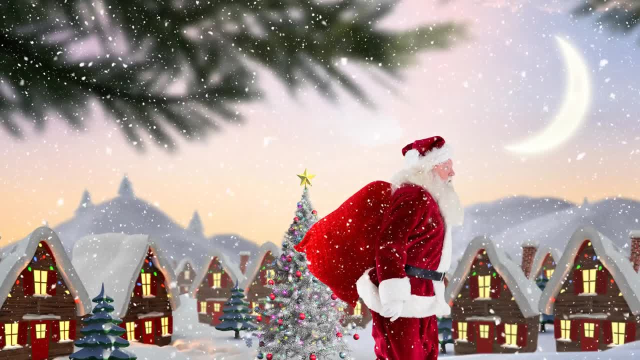겨울의 풍경과 함께 내리는 눈과 함께 장식 된 집 앞의 산타 클로스