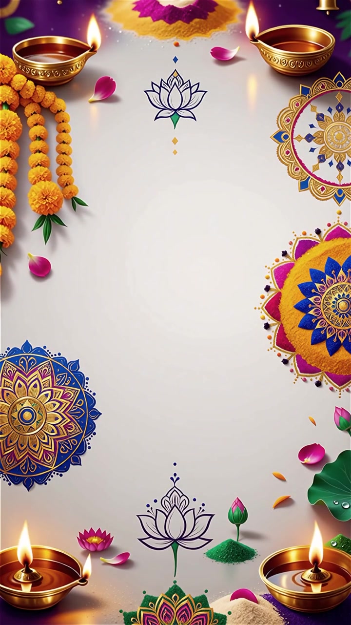 Sfondo Diwali con Diyas luminosi, Rangoli e fiori di loto