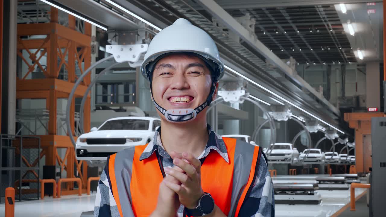안전 헬을 입은 아시아 남성 엔지니어가 ev 자동차 공장에서 서서 웃고 손을 박고 있습니다.
