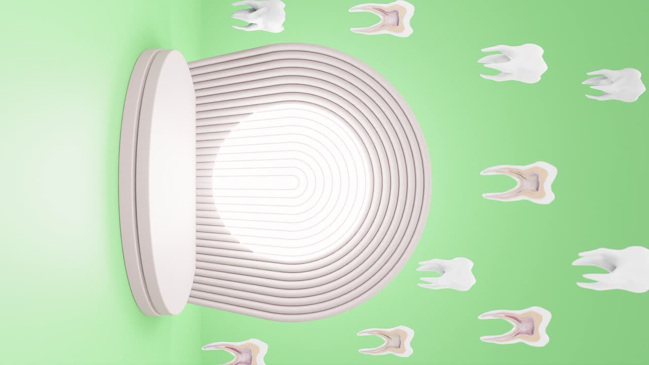 수직 이빨 임플란트, 치과 치료, 치과 스튜디오 3d 렌더링, 애니메이션 루프, 치과의사 스튜디오 컨셉, 초록색 배경