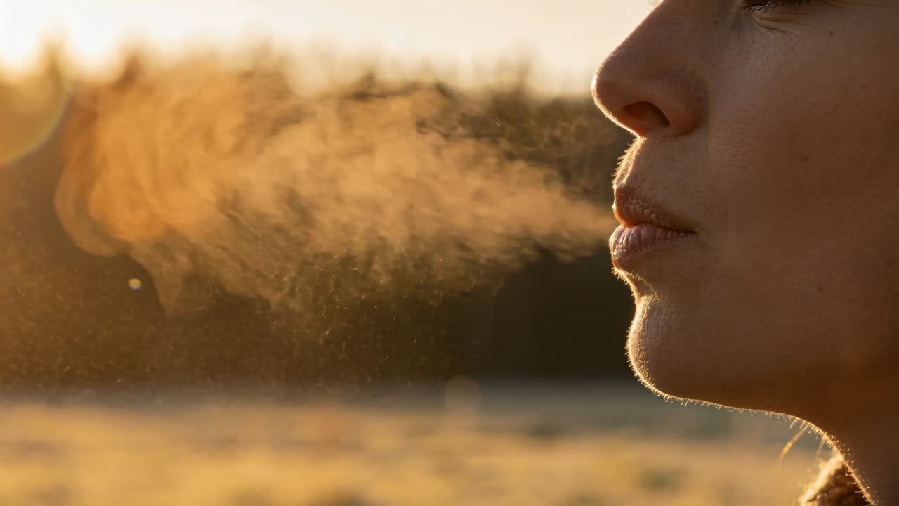 Donna che espira, indossando un cappotto e una sciarpa di maglia, con il vapore retroilluminato che si forma nell'aria fredda, spazio per il testo.