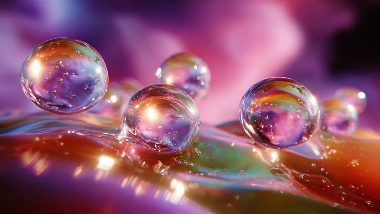 A mesmerizing display of iridescent soap bubbles floating gracefully on a vibrant surface, showcasing an enchanting blend of colors that create a dreamlike scene filled with beauty and whimsy