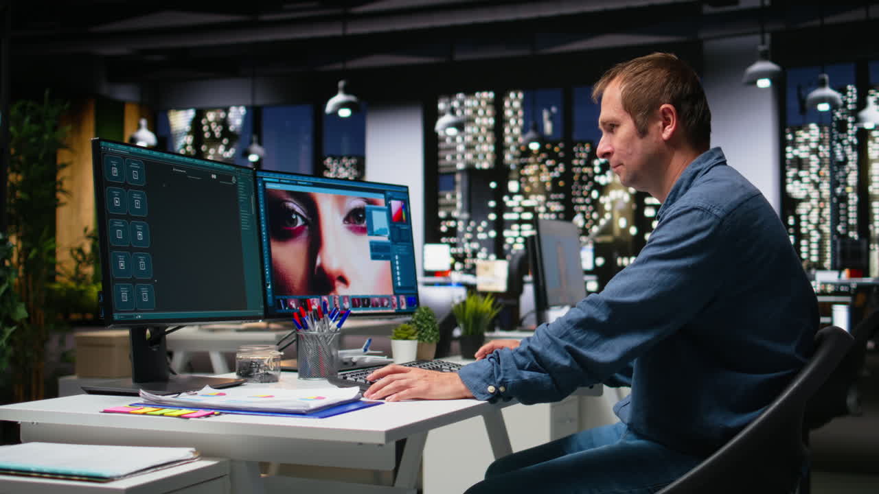 Male photo editor working on creative retouching and creating materials