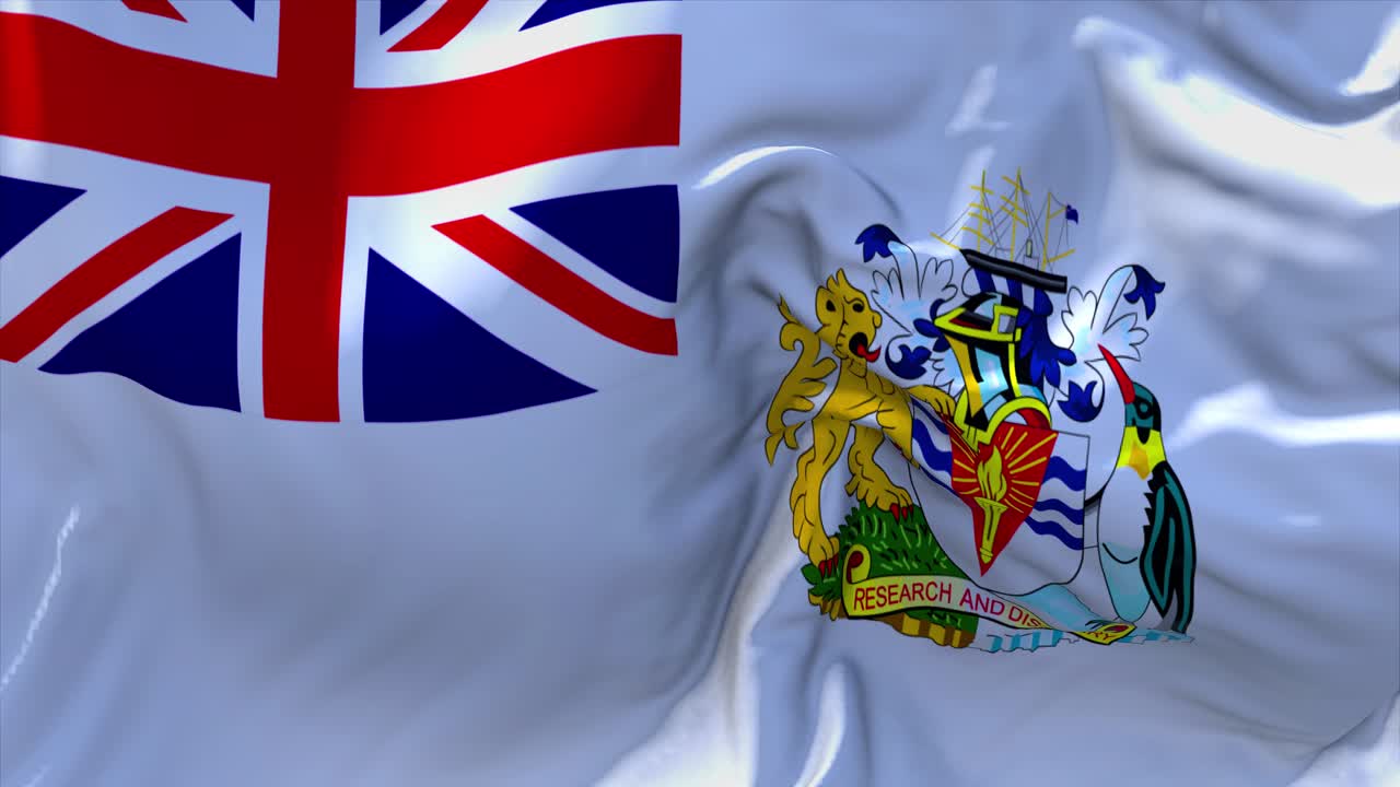 영국 남극 영토의 발이 바람 속에 흔들리는 느린 동작 애니메이션, 4k 현실적인 직물 질감 발, 바람이 부는 날에 부드럽게 날아가는 연속적인 원활한 루프 배경.