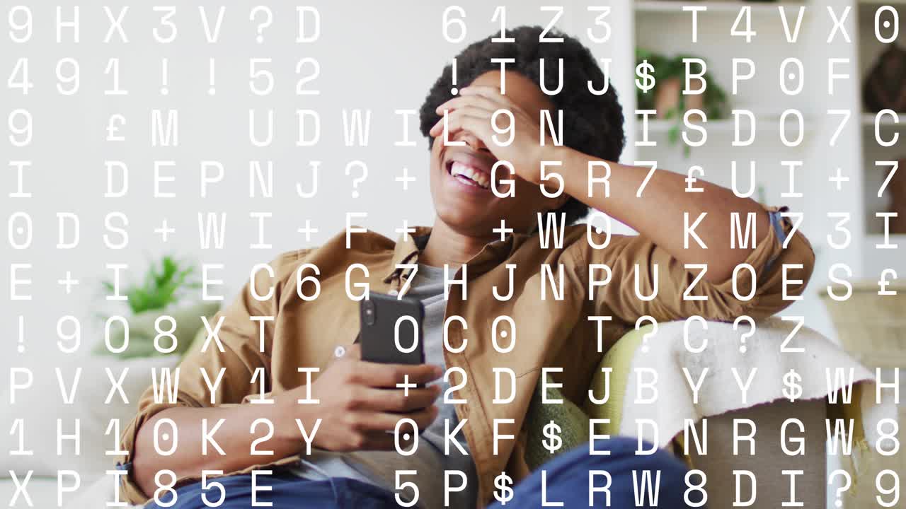 Man on sofa unlocking smartphone and scrolling feed for entertainment with animated icons floating