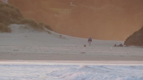 Wunderschöne-Zeitlupenaufnahme-Der-Wellen-Des-Ozeans-In-Der-Nähe-Eines-Strandes,-Wo-Jemand-Mit-Dem-Hund-Zwischen-Den-Dünen-Spazieren-Geht