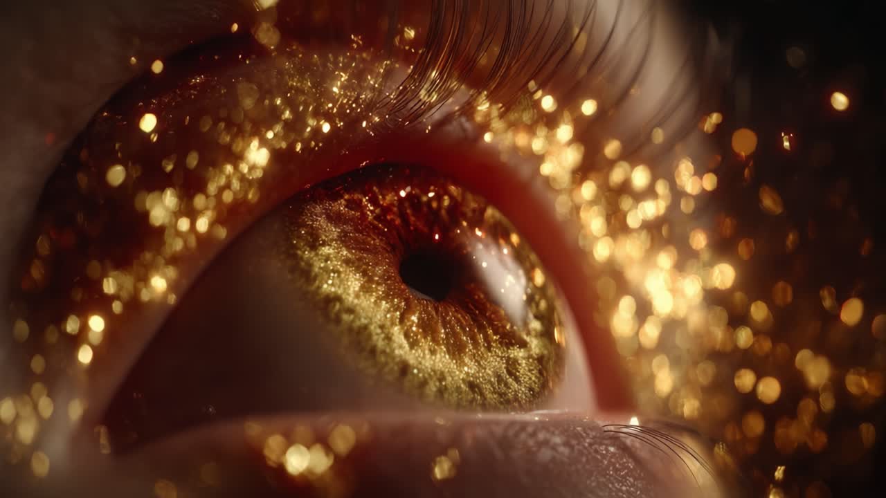 A Captivating Close-Up of an Eye Sparkling with Golden Glitter and Dazzling Light Effects, Showcasing the Intricacies of Its Iris and Lashes