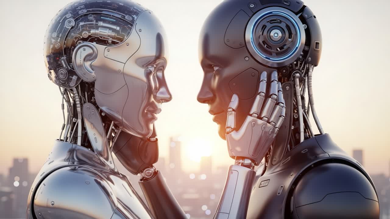 Exploring the Emotional Connection Between Two Advanced Robots in a Futuristic Landscape - A Captivating Visual of Robotics and Humanity's Future