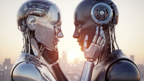 exploring the emotional connection between two advanced robots in a futuristic landscape - a captivating visual of robotics and humanity's future