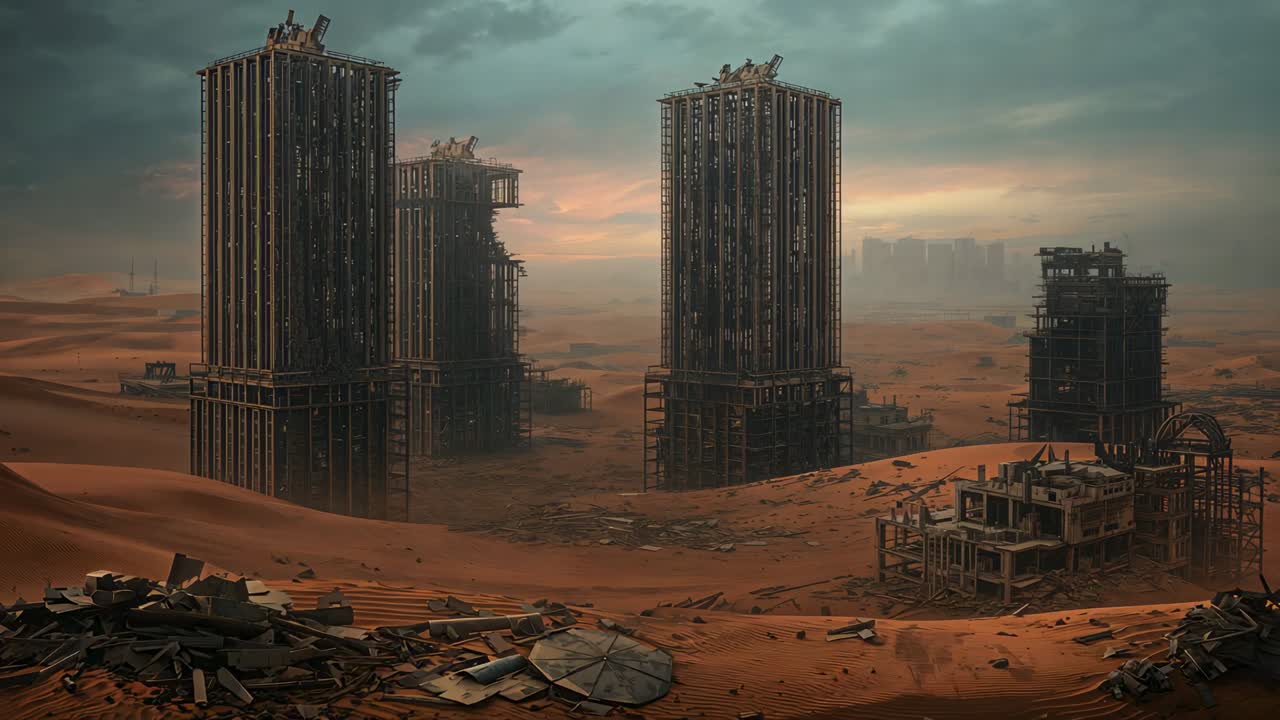 At start camera panning right over skeletal towers in desert, moving toward corroded frameworks