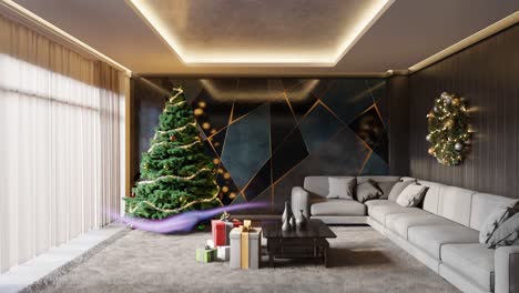 modern christmas decorated living room with presents and xmas magic - 3d render