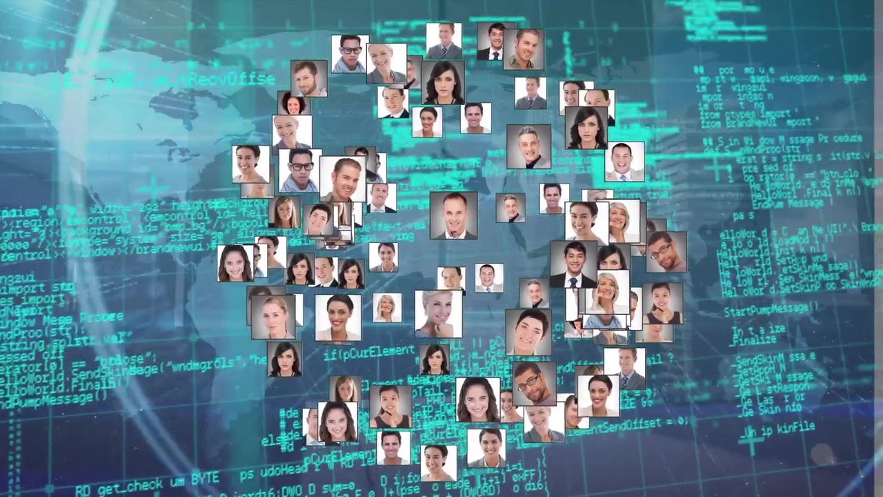 Animation of globe of network of connections with peoples photos