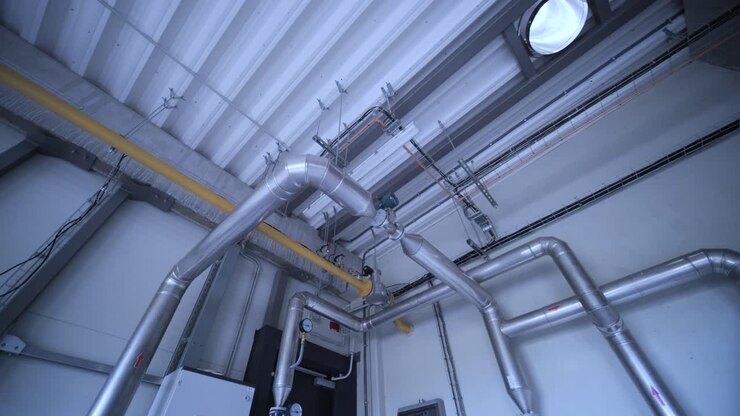 Modern industrial gas boiler room equipped for heating process. Heating gas boilers, pipelines, valves.