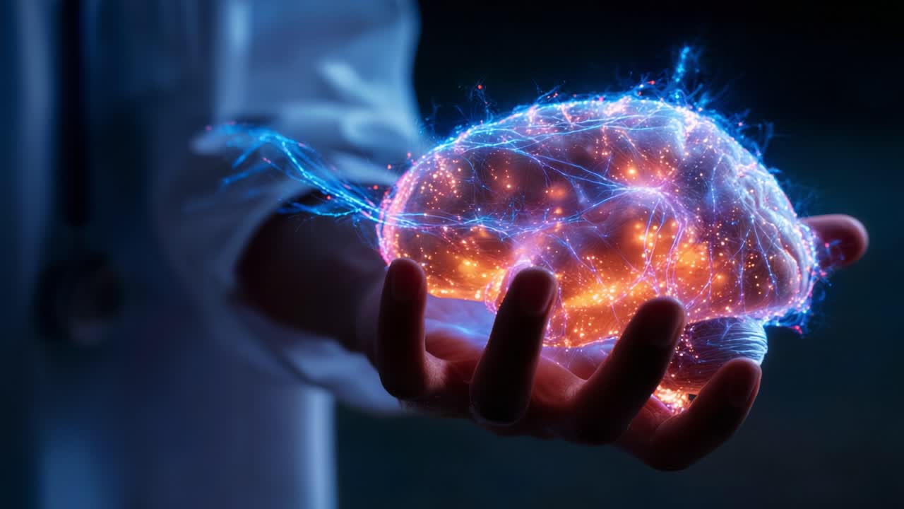 A captivating representation of a glowing human brain held gently in a hand, showcasing the mysteries of thought, intellect, and the intricate connections of neural energy in a stunning visual