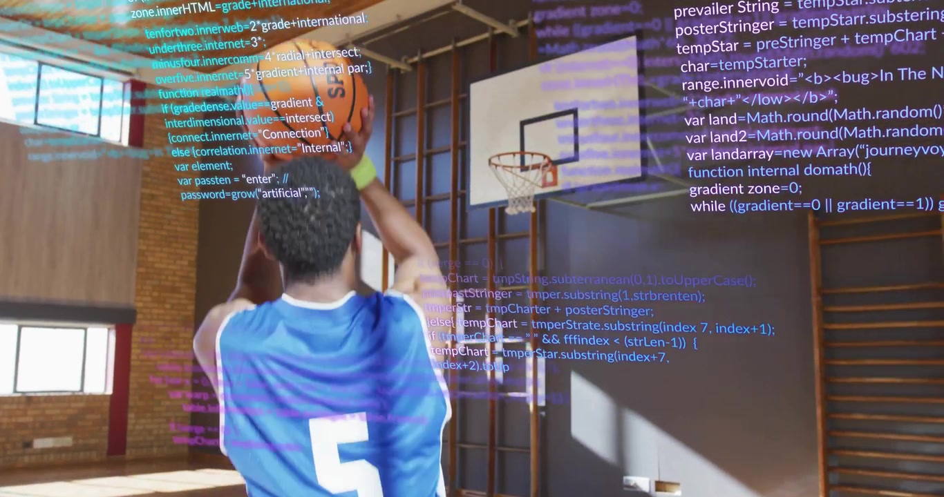 Basketball player dribbling causing code overlay while pivoting and shooting for data analytics