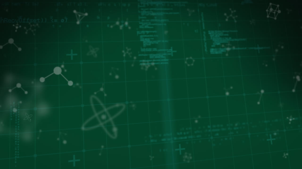 animación de una forma púrpura sobre un fondo verde con moléculas y procesamiento de datos