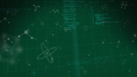 animación de una forma púrpura sobre un fondo verde con moléculas y procesamiento de datos