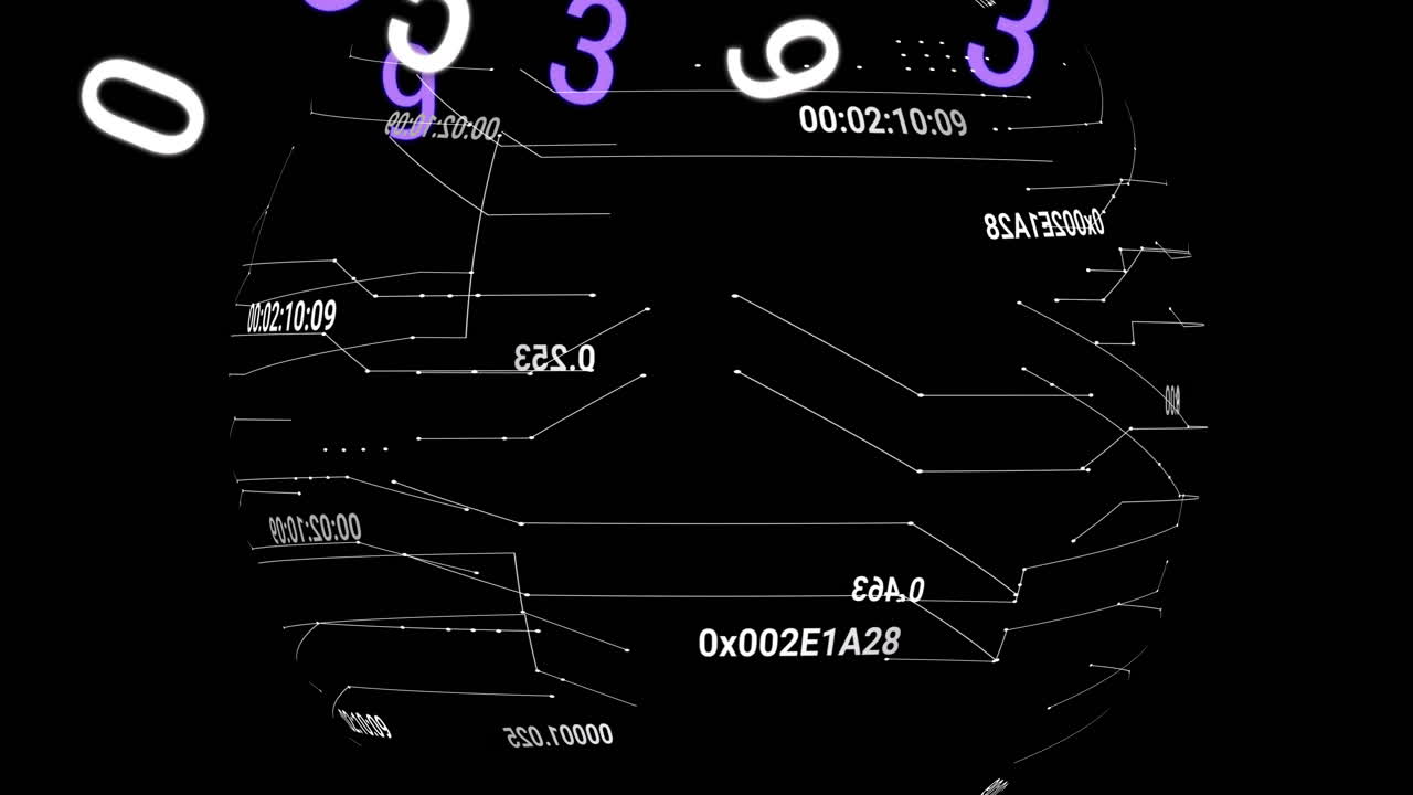 Rotating numbers and digital clock animation over black background with white lines