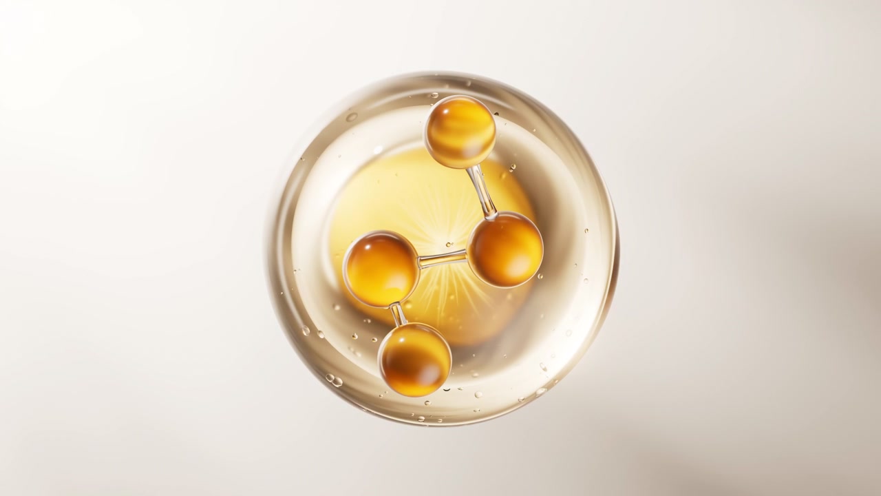 Molecola biologica dorata con sfondo cosmetico, rendering 3D