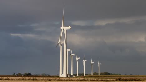 a line of wind turbines in fields near the wadden sea