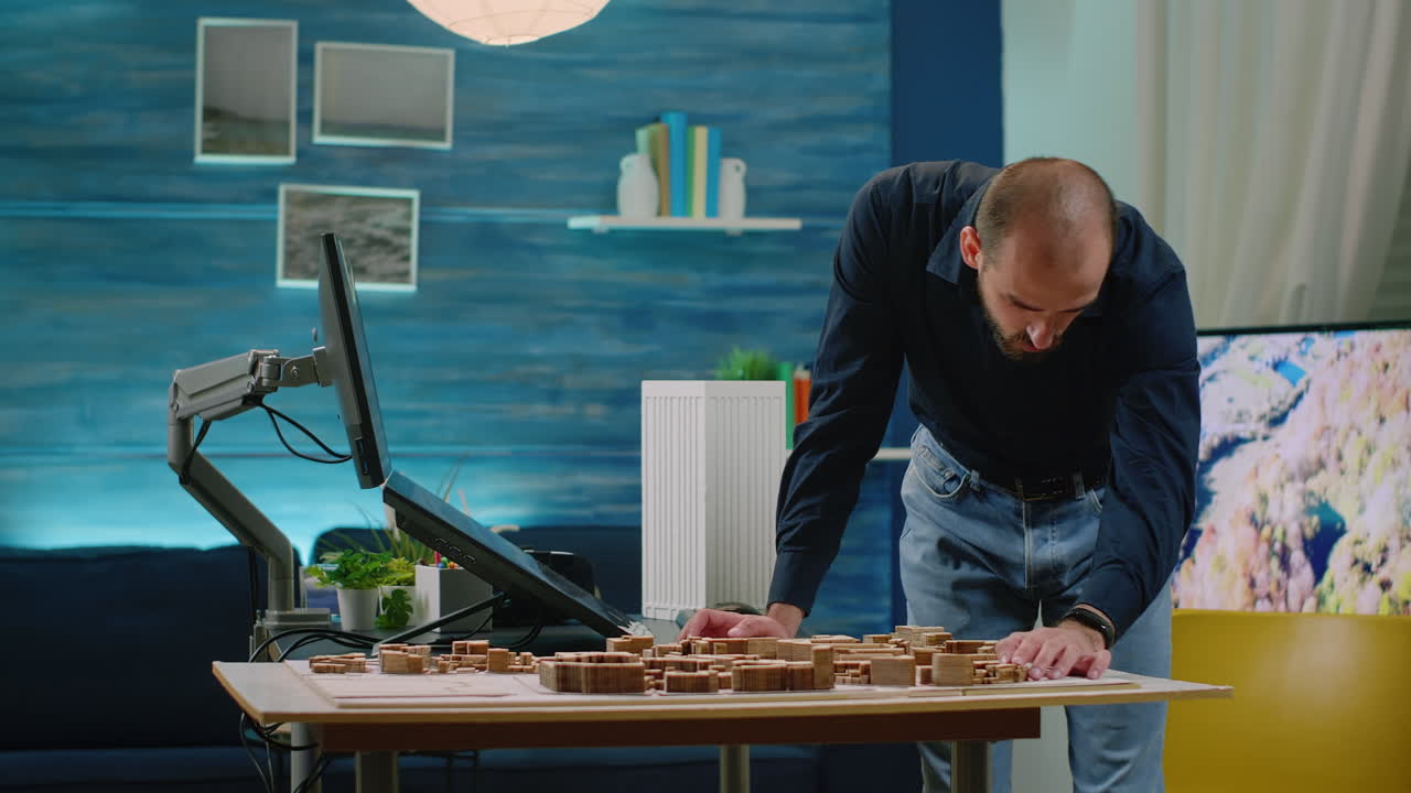 Man working as architect analyzing building model and layout