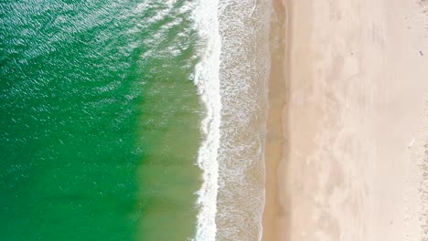 Vibrante-Color-Verde-Tropical-Océano-Y-Playa-De-Arena,-Vista-Aérea-De-Arriba-Hacia-Abajo