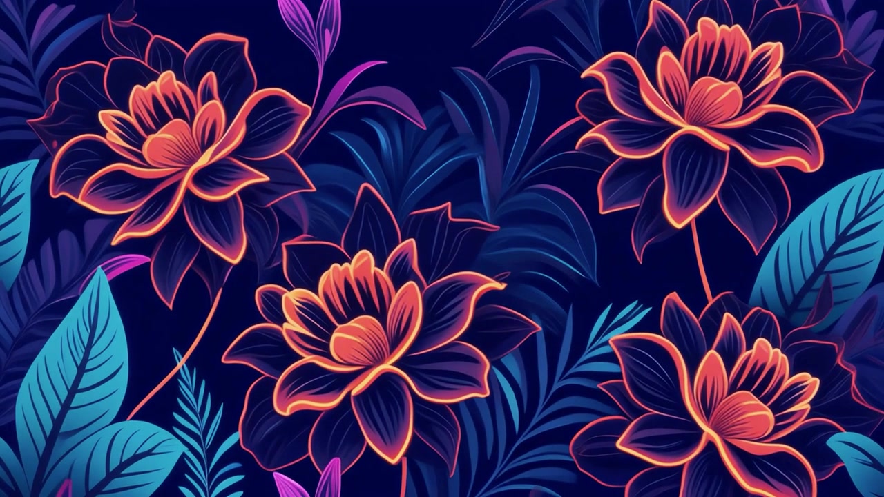 Vibrant Neon Floral Pattern with Glowing Flowers and Tropical Leaves