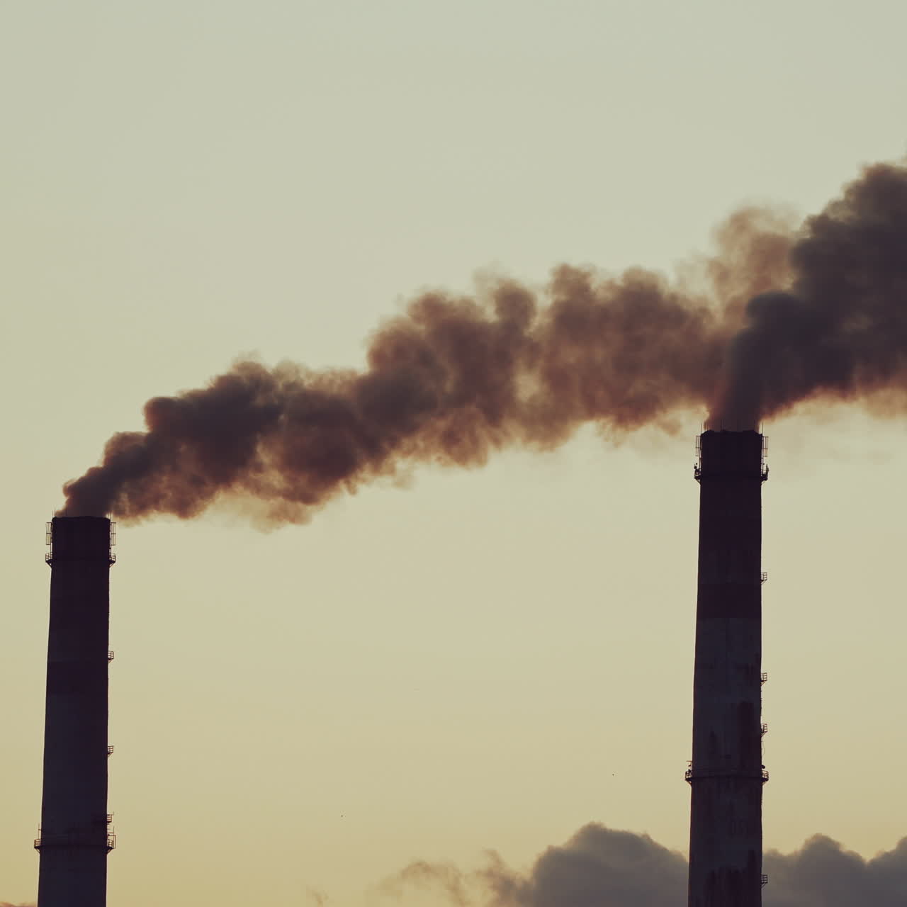 Large industrial pipes pollute the atmosphere with smoke. Two big pipes with thick smoke in the air on the grey evening sky background.