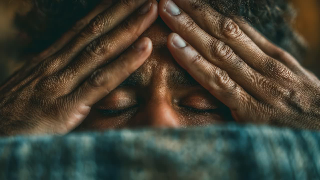 A Deep Moment of Contemplation: Emotionally Charged Close-Up of a Person's Hands on Forehead, Capturing the Essence of Stress, Reflection, and Vulnerability